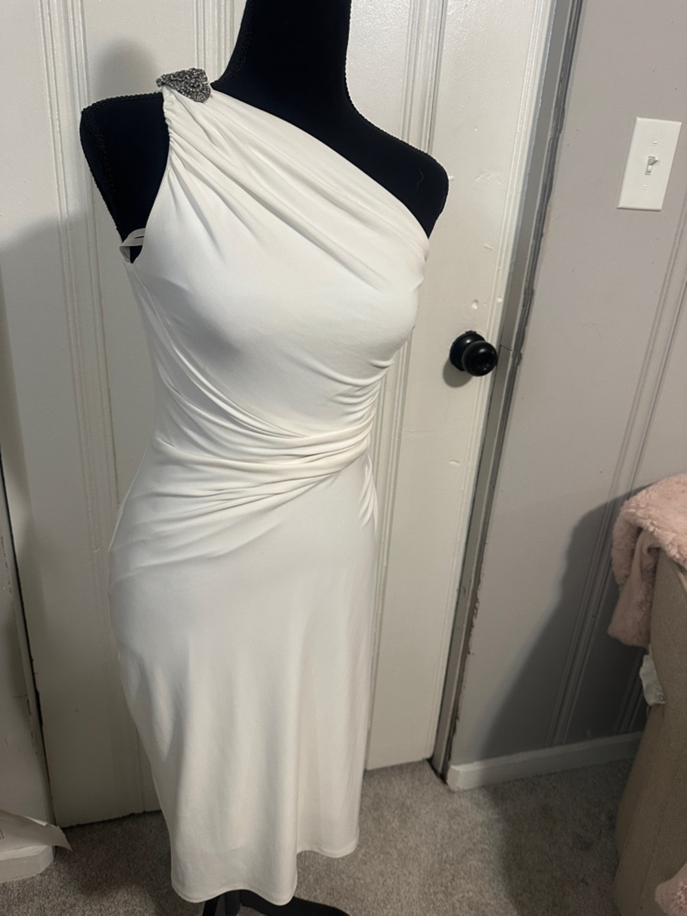 Lauren Ralph Lauren One-Shoulder White Dress with Embellished Strap